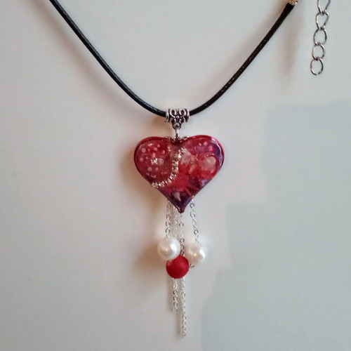 Handmade double-sided necklace new, red, with heart pendant