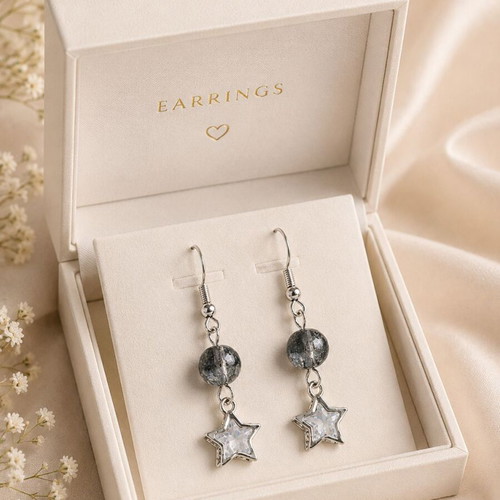 Cosmic Star Handmade Earrings with Silver Stars and Crackle Beads