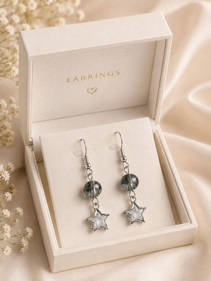 Cosmic Star Handmade Earrings with Silver Stars and Crackle Beads