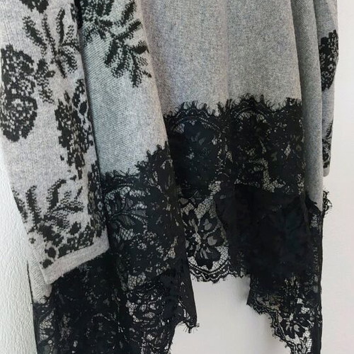 Gray viscose cardigan with black lace asymmetrical like new, one size