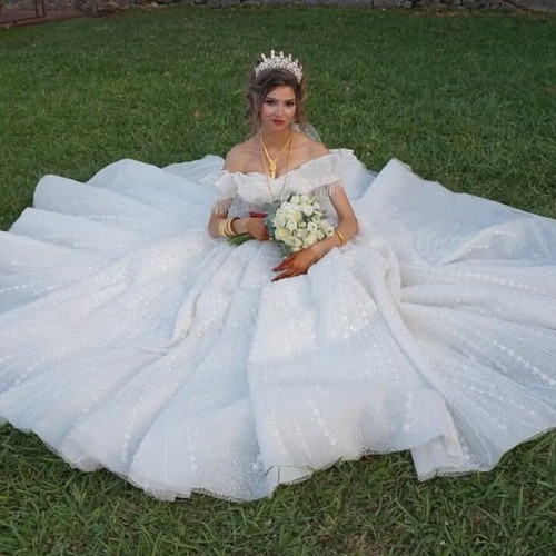Handmade haute couture wedding dress, off-shoulder, white