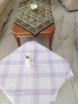 Vintage tablecloth set 2 pieces boho floral and lilac gingham with gift