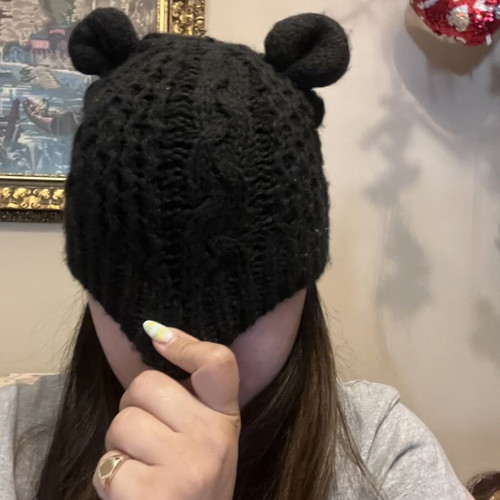 Knitted black hat with ears like new, one size
