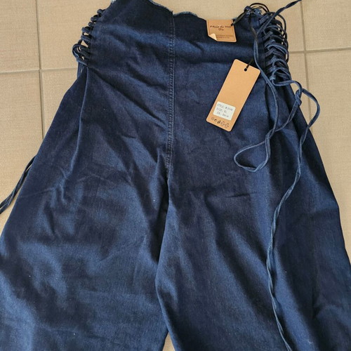 Meet to you Wide Leg Denim Jeans with Adjustable Waist, New, Blue
