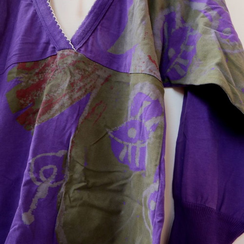 Pink Woman purple blouse open front and back used, size S/M, patterned