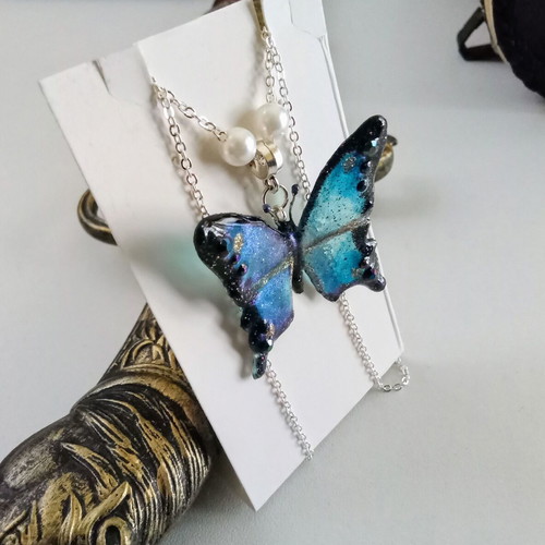 Handmade butterfly necklace new, blue shades, 45 cm chain
