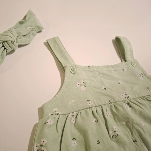 Mangoon romper dress/shorts 6-9 months new, sage green with headband
