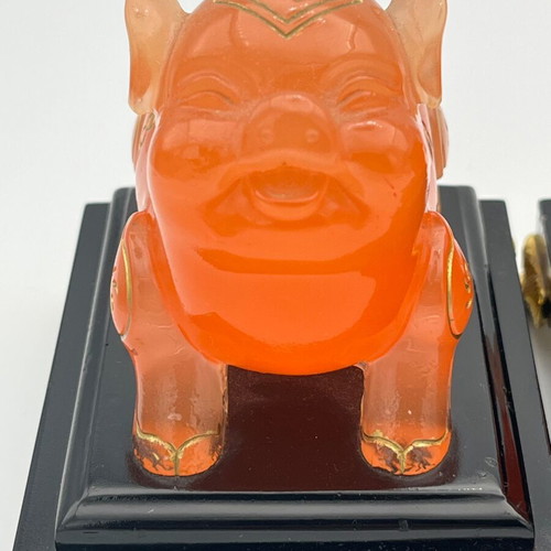 Vintage Feng Shui amber honey Murano-style pig figurines pair