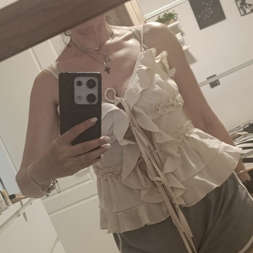 Blouse with cords and ruffles beige, like new, size S