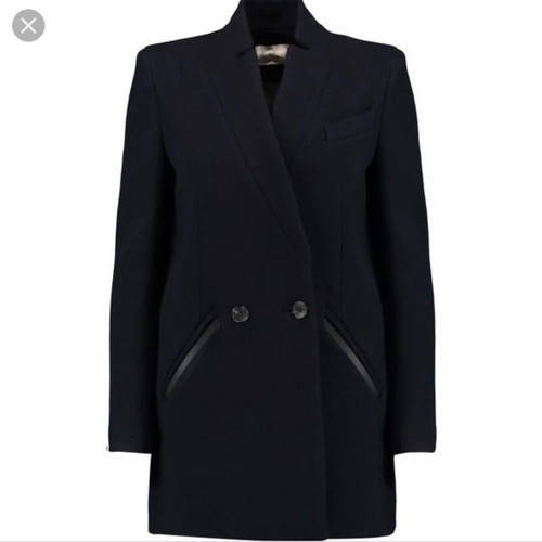 Iro Carey Black Wool Coat Size FR 34 Like New With Leather Details