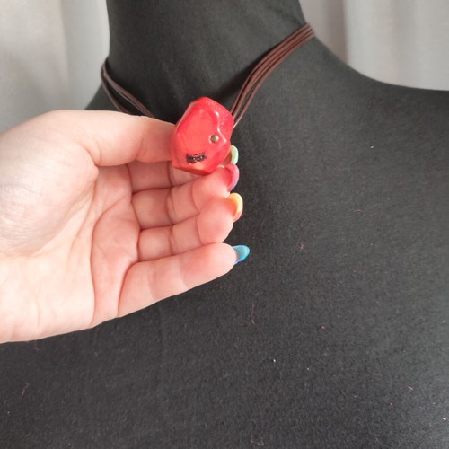 Boho necklace with natural red coral pendant and brown multi-strand cord