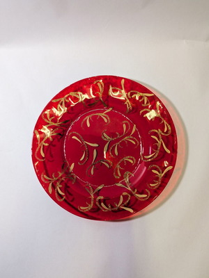 Стъклена поднос употребяван, червен със златни детайли 28см