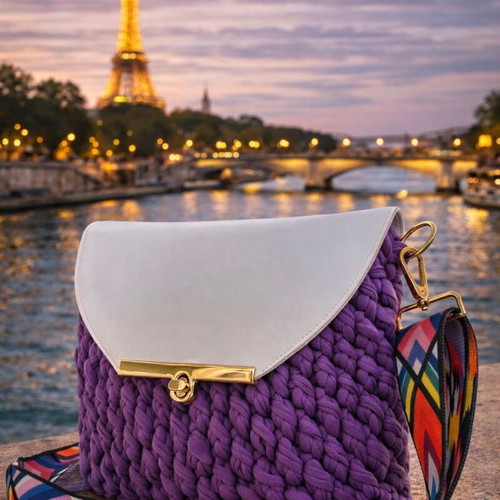 Handmade knitted bag Paris Chic new, crossbody, white and purple