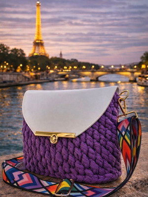 Χειροποίητη πλεκτή τσάντα Paris Chic καινούργια, χιαστί, άσπρη και μωβ