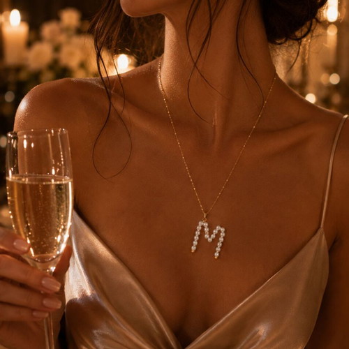 Pearl monogram necklace with stainless steel chain, letter M