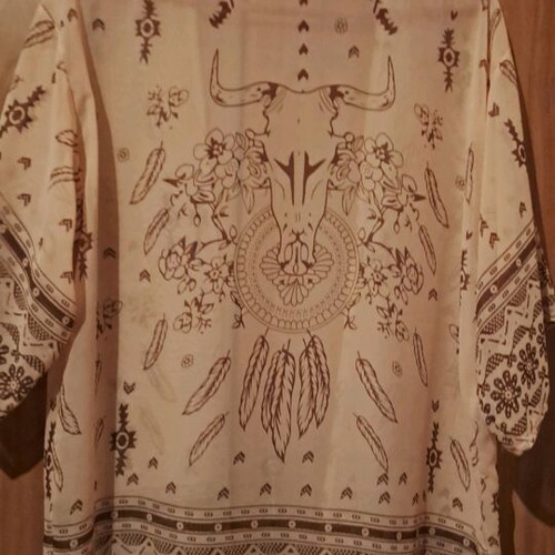 Transparent kimono with wide sleeves and velour leggings like new, beige and brown