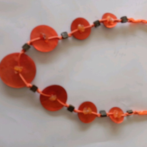 Handmade necklace new, orange with buttons and silver details