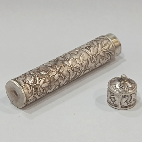 Antique silver 800 needle case with embossed floral decoration