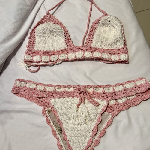 Crochet bikini set Art Love Knitwear size L used, pink and white