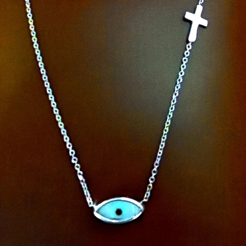 Gold necklace 375 with mother of pearl evil eye and side minimalist cross 45cm like new