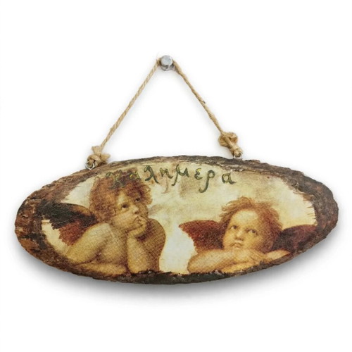 Handmade wall art with Rafael angels on wood slice 29cm like new