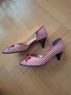 Vintage red and white check peep-toe heels, size 36