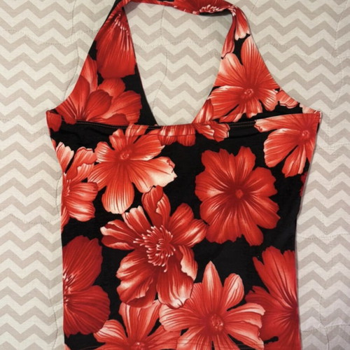 Vintage halter top with red floral print, size S-M