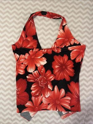 Vintage halter top with red floral print, size S-M