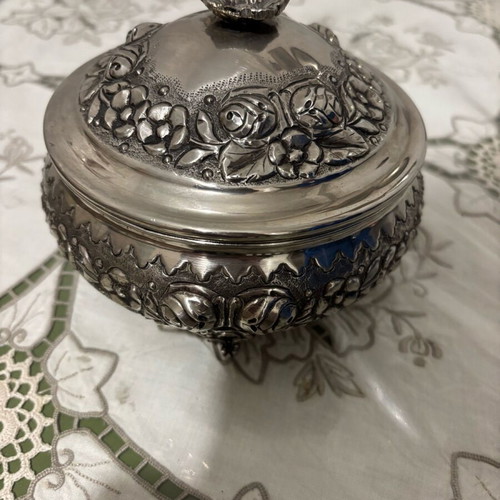 Handmade silver-plated fondue pot with carved details like new