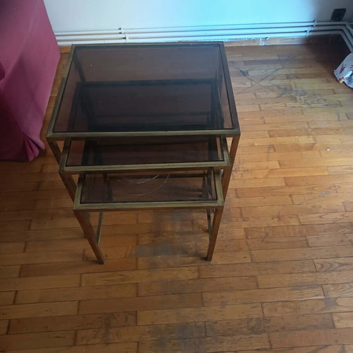 Vintage coffee tables set with brass frame and smoked glass used