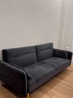 Τριθέσιος καναπές κρεβάτι σαν καινούργιος, ανθρακί με χρυσά πόδια