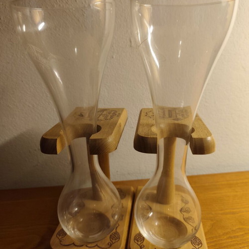 Pauwel Kwak Beer Glasses with Wooden Stands set of 2 like new, vintage style