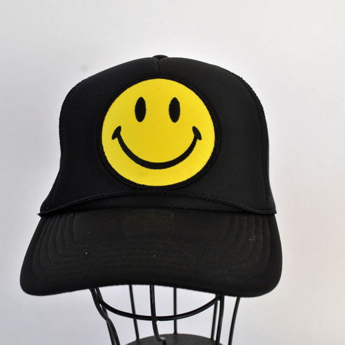 Aviator Nation Smiley Vintage Trucker Hat, black and yellow