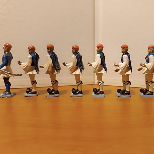 Evzones figures used, set of 7, Athina with dark blue fermeli