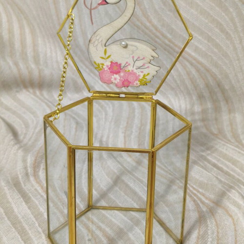 Glass boxes set of 2 with swan candy bar decoration, new
