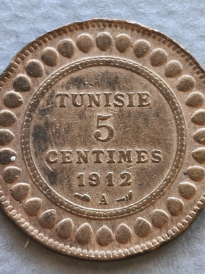 Copper 5 Centimes coin from Tunisia used, 1912