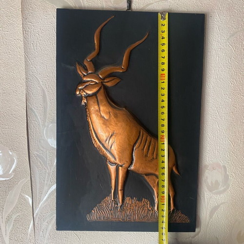 Decorative wall panel with Kudu antelope design in copper and wood like new