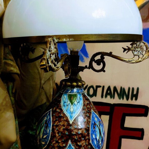 19th Century Table Lamp used, Iznik Ceramic and Bronze