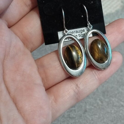 Bijou Brigitte Tiger's Eye Earrings, silver oval frame