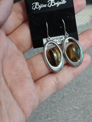 Bijou Brigitte Tiger's Eye Earrings, silver oval frame