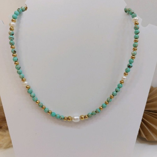 Handmade necklace with nephrite semi-precious stones, pearls and stainless steel new