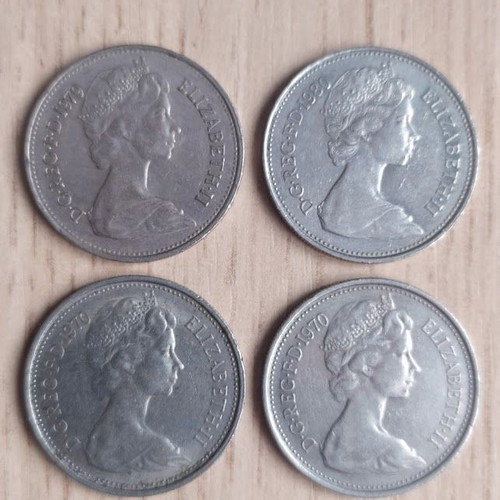 5 New Pence coins used, England 1970-80, Queen Elizabeth II, set of 4