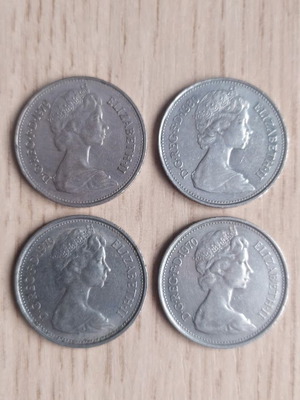 5 New Pence coins used, England 1970-80, Queen Elizabeth II, set of 4