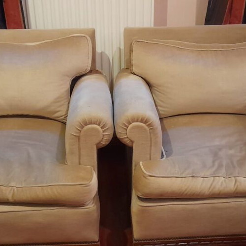 Velveteen three-seater sofa used with armchair set green