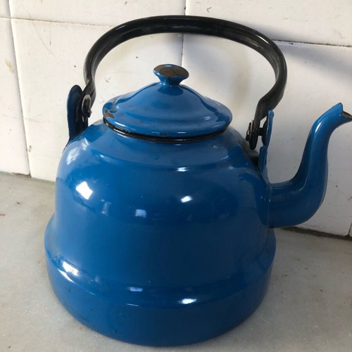 Enamel cookware set used, teapot and pot