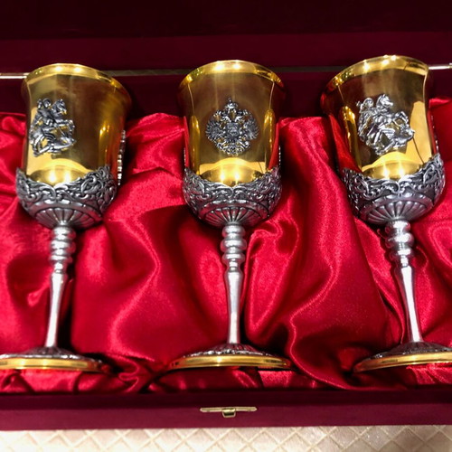Russian handmade brass wine goblets in velvet case like new