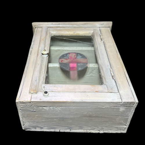 Wooden wall pharmacy cabinet vintage used with broken glass