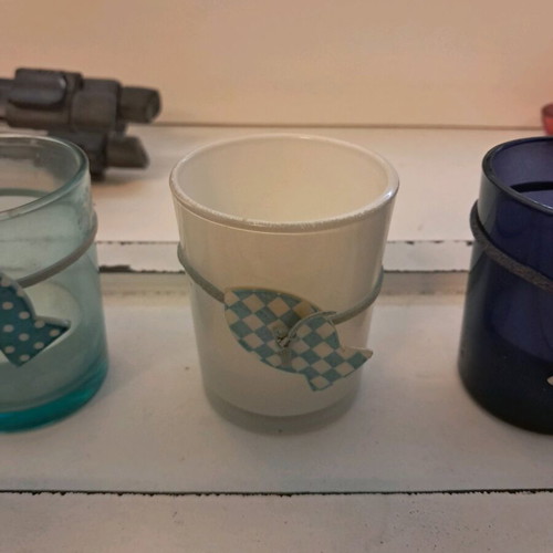 Candle holder 3 tealights used with summer theme, wooden tray, glass cups