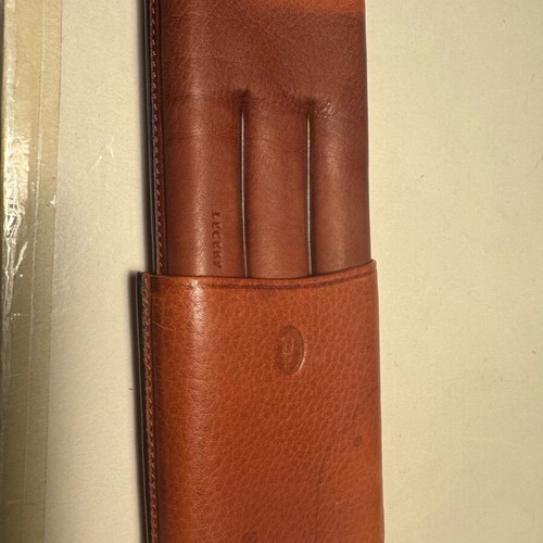 Lecerf leather cigar case used, tan, capacity for three cigars