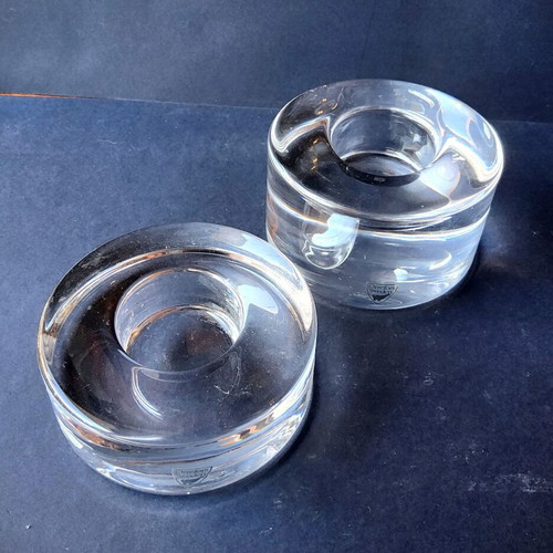 Orrefors Puck Crystal Candle Holders Set like new, Swedish design